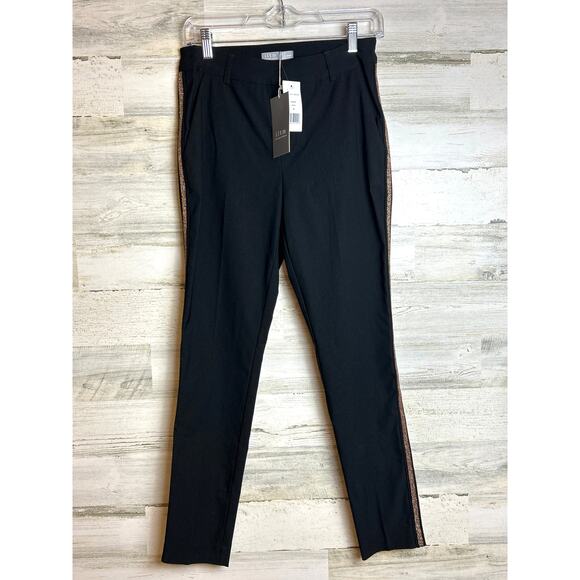 ILTM Women’s Small Black “The Gwyneth” Tuxedo Pants Gold Stripe Ankle Skinny NWT - Picture 2 of 10